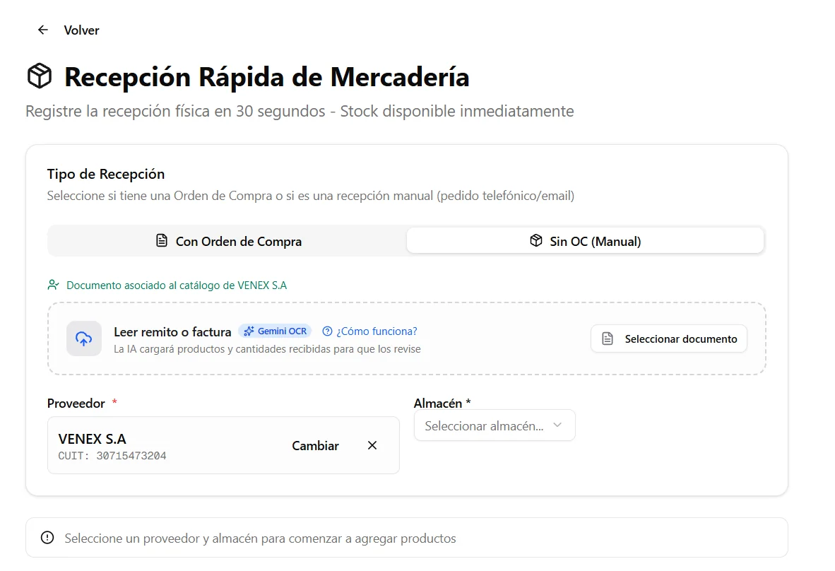 Recepción de mercadería con carga de facturas asistida por IA en Discor