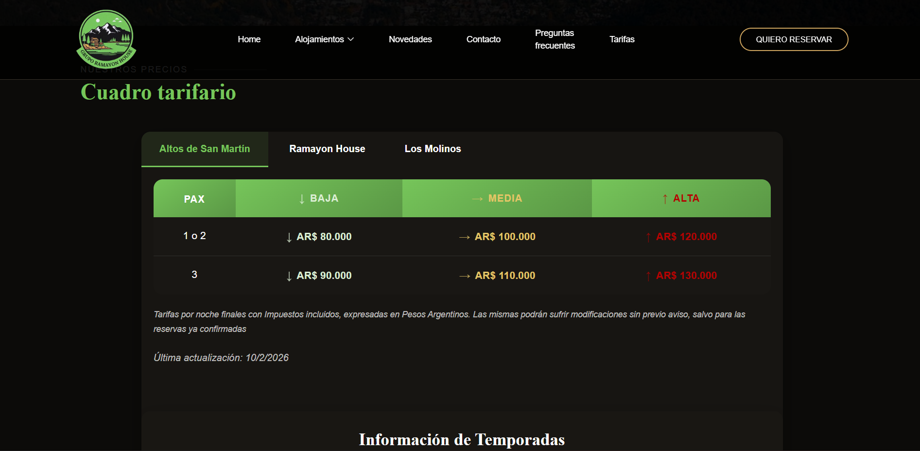 Sistema de precios dinámicos con cuadro tarifario interactivo