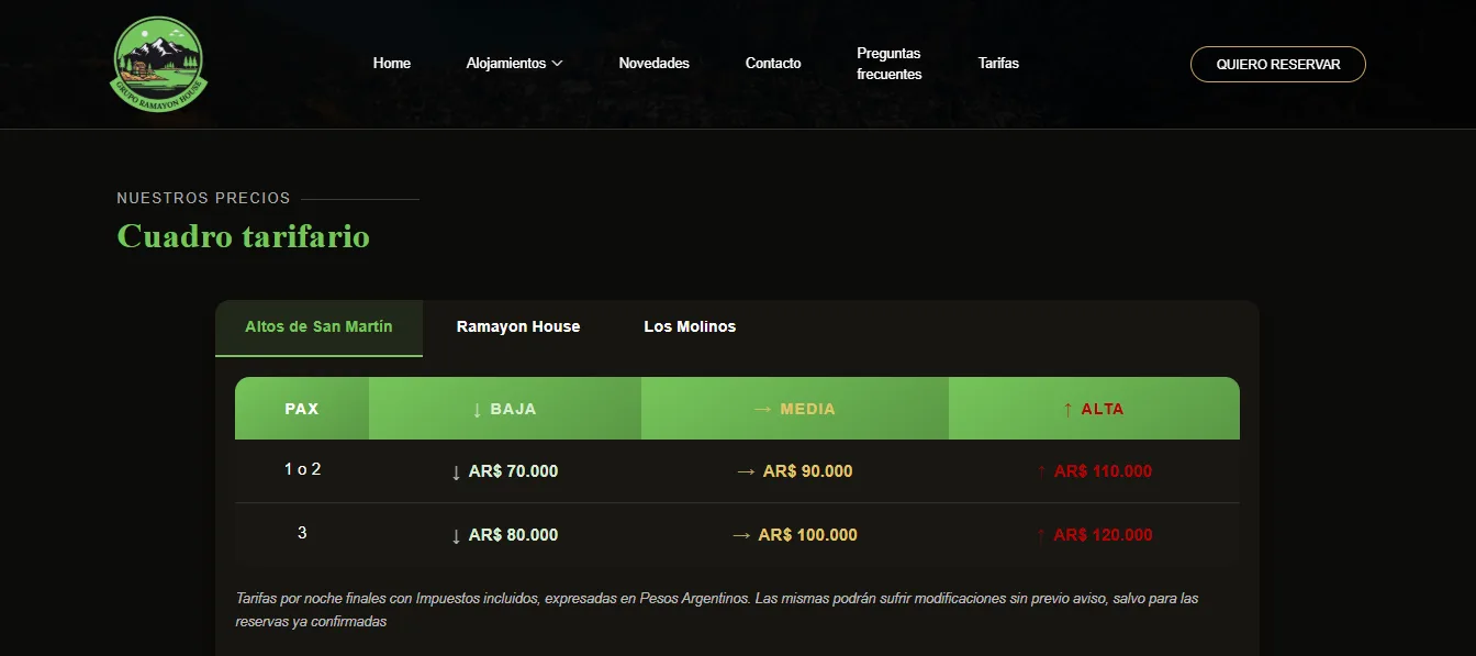 Sistema de tarifas dinámicas y sitio web para Ramayón House desarrollado por EJE Z
